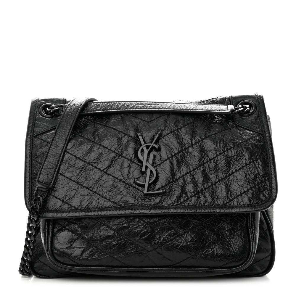 Crinkled Calfskin Matelasse Monogram Medium Niki Chain Satchel Black