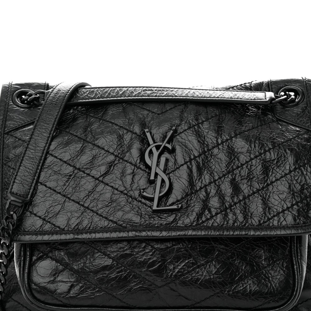 Crinkled Calfskin Matelasse Monogram Medium Niki Chain Satchel Black