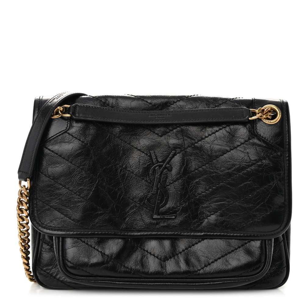 Crinkled Calfskin Matelasse Monogram Medium Niki Chain Satchel Black