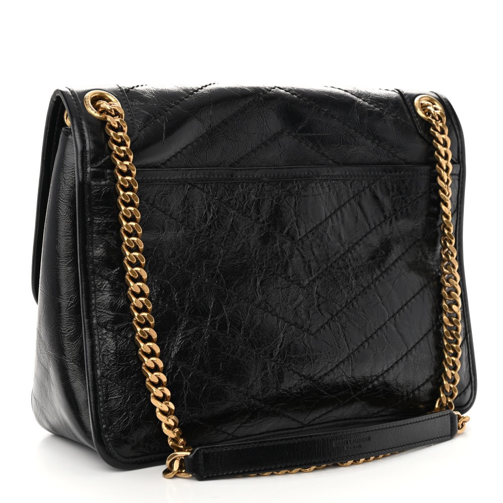 Crinkled Calfskin Matelasse Monogram Medium Niki Chain Satchel Black