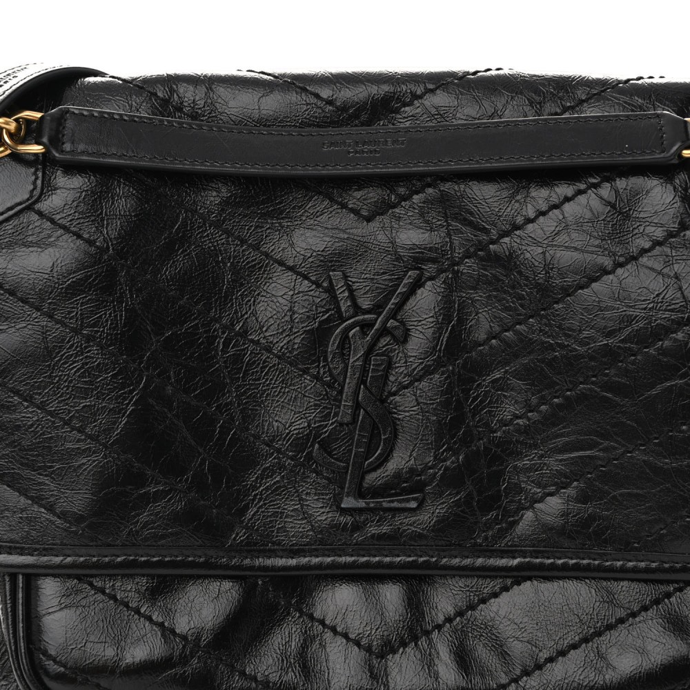 Crinkled Calfskin Matelasse Monogram Medium Niki Chain Satchel Black