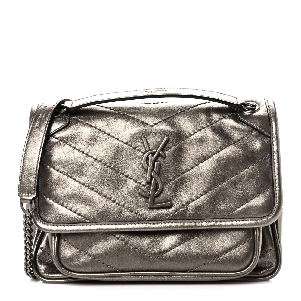 Crinkled Calfskin Matelasse Monogram Baby Niki Chain Satchel Platinum