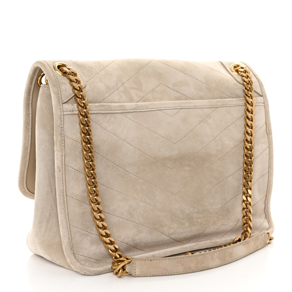 Suede Monogram Medium Niki Chain Satchel Light Beige