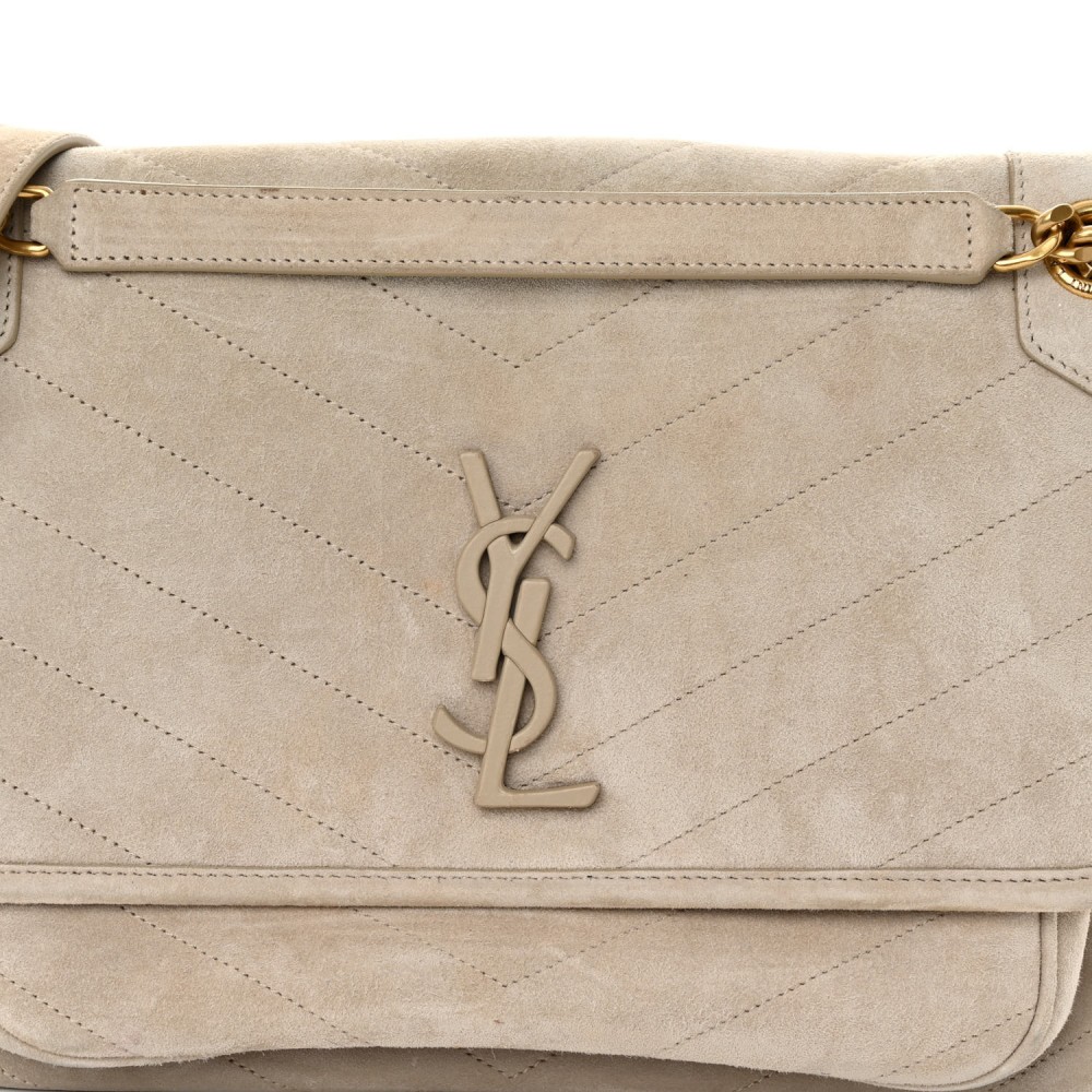 Suede Monogram Medium Niki Chain Satchel Light Beige