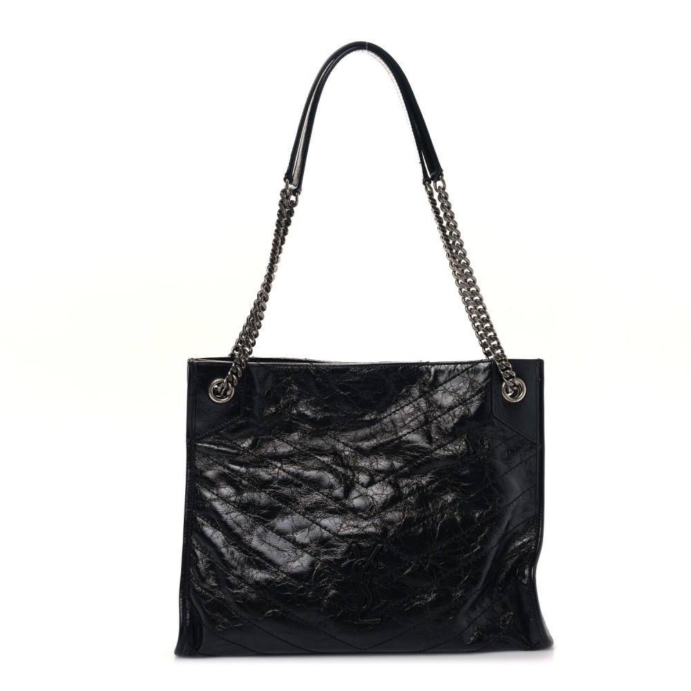 Crinkled Calfskin Matelasse Monogram Medium Niki Shopper Tote Black