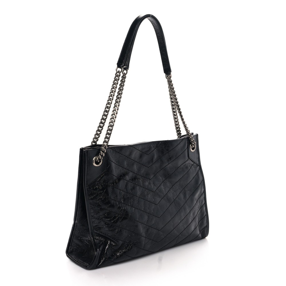 Crinkled Calfskin Matelasse Monogram Medium Niki Shopper Tote Black