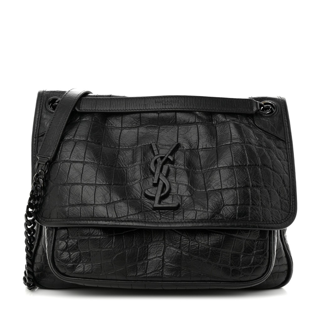 Crocodile Embossed Lambskin Monogram Medium Niki Chain Satchel Black