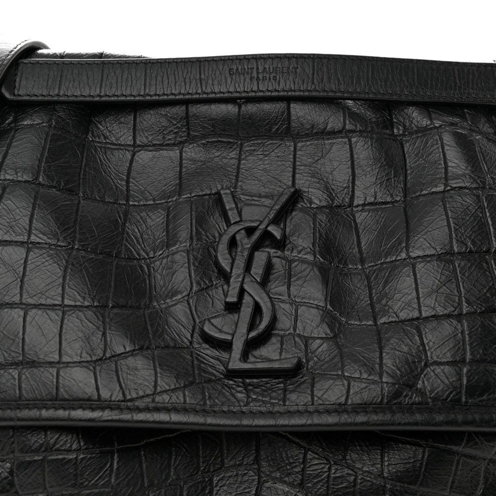 Crocodile Embossed Lambskin Monogram Medium Niki Chain Satchel Black