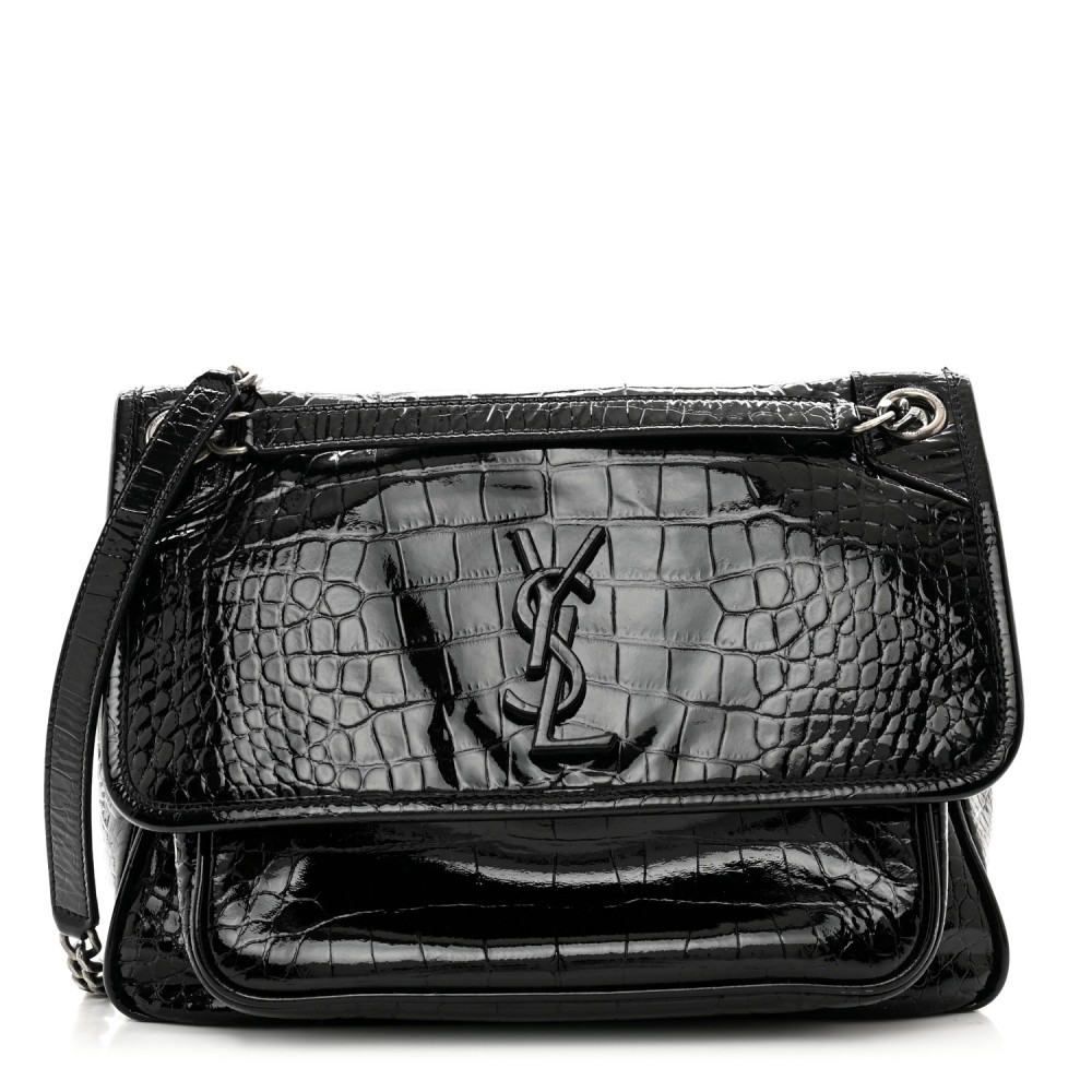 Patent Crocodile Embossed Lambskin Monogram Medium Niki Chain Satchel Black