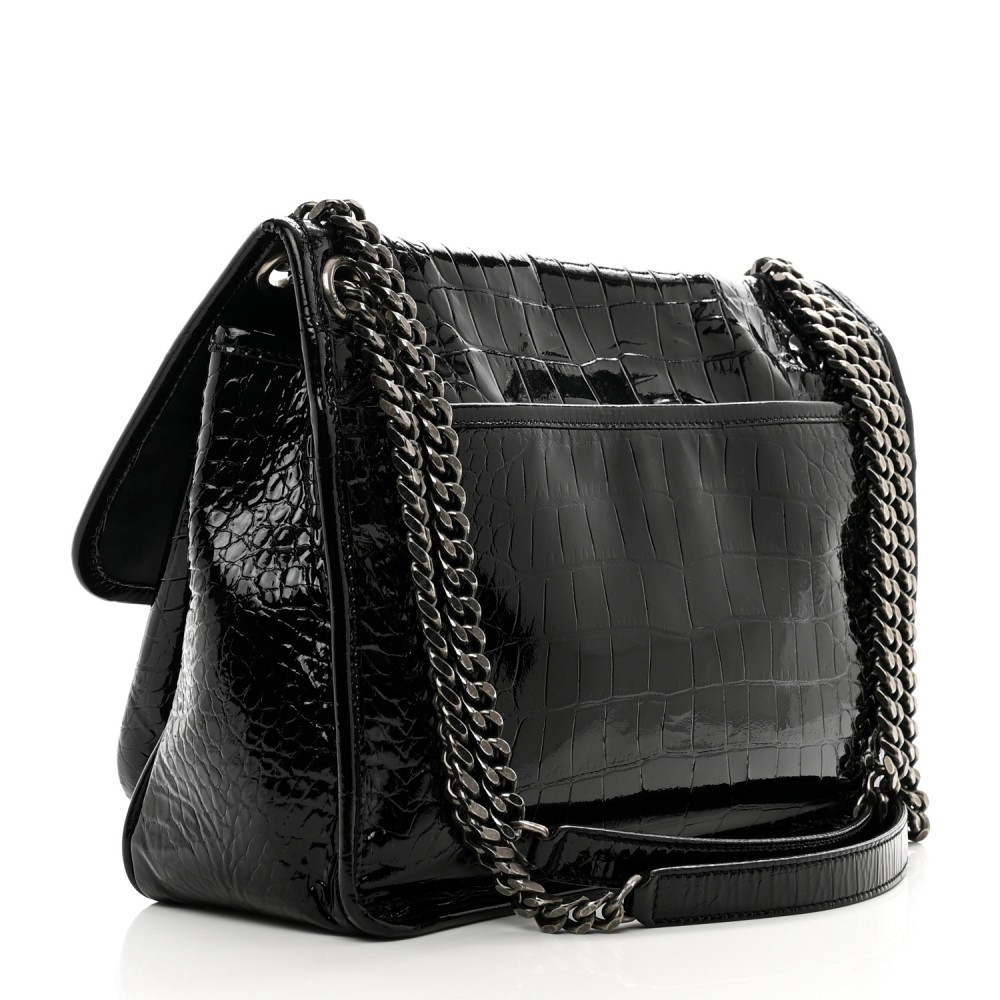 Patent Crocodile Embossed Lambskin Monogram Medium Niki Chain Satchel Black