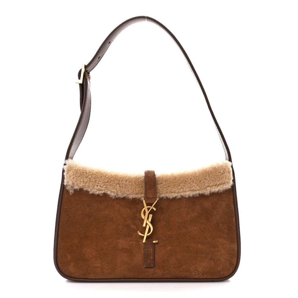 Suede Calfskin Shearling Le 5 A 7 Hobo Dark Cigar Natural Beige