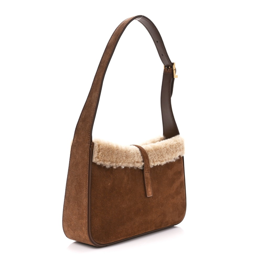 Suede Calfskin Shearling Le 5 A 7 Hobo Dark Cigar Natural Beige